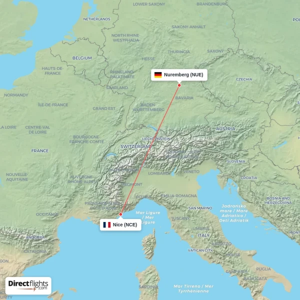 Nuremberg - Nice direct flight map
