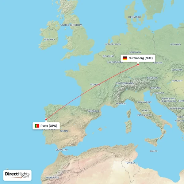 Nuremberg - Porto direct flight map