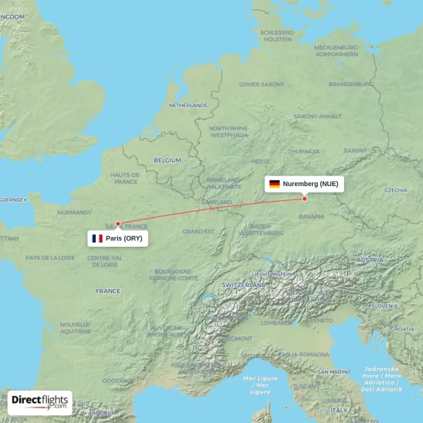 Nuremberg - Paris direct flight map