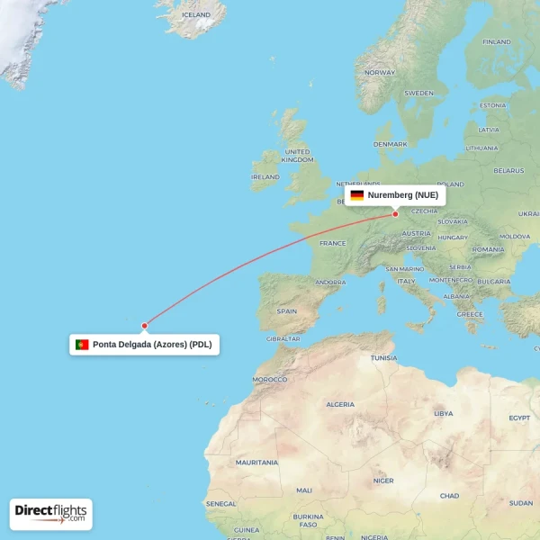 Nuremberg - Ponta Delgada (Azores) direct flight map
