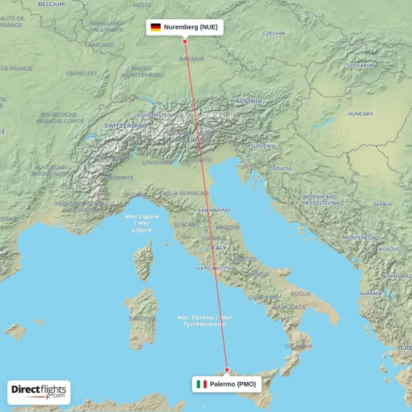 Nuremberg - Palermo direct flight map