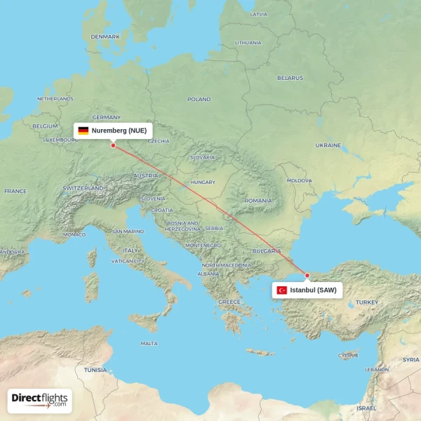 Nuremberg - Istanbul direct flight map