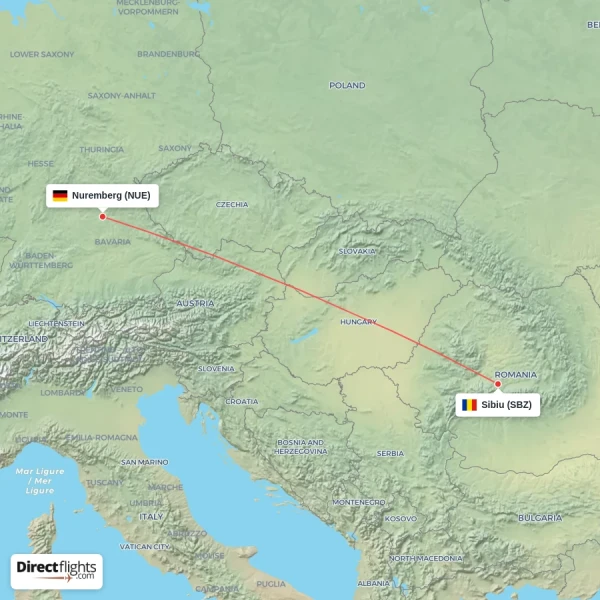 Nuremberg - Sibiu direct flight map