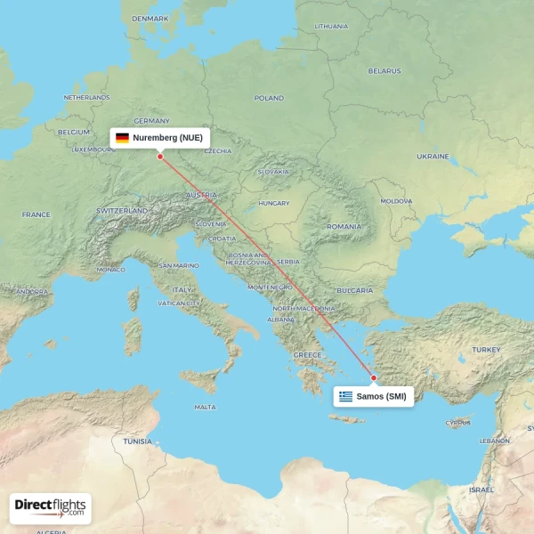 Nuremberg - Samos direct flight map