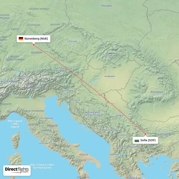 Nuremberg - Sofia direct flight map