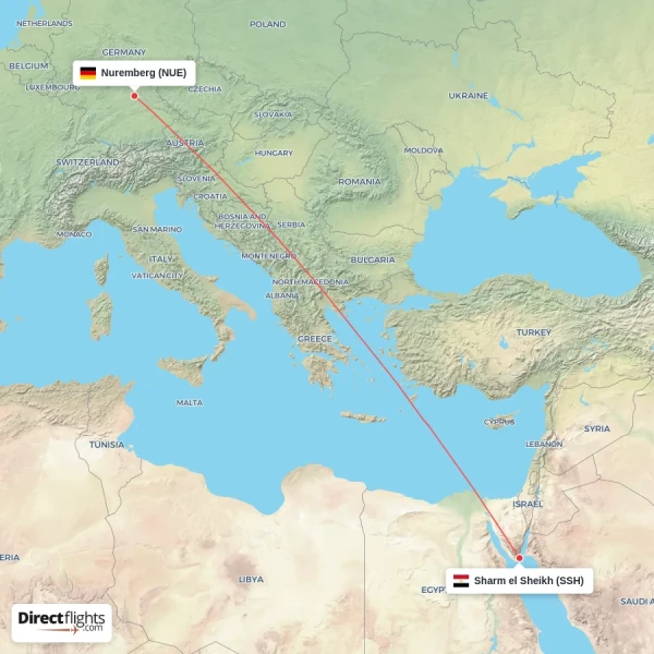 Nuremberg - Sharm el Sheikh direct flight map
