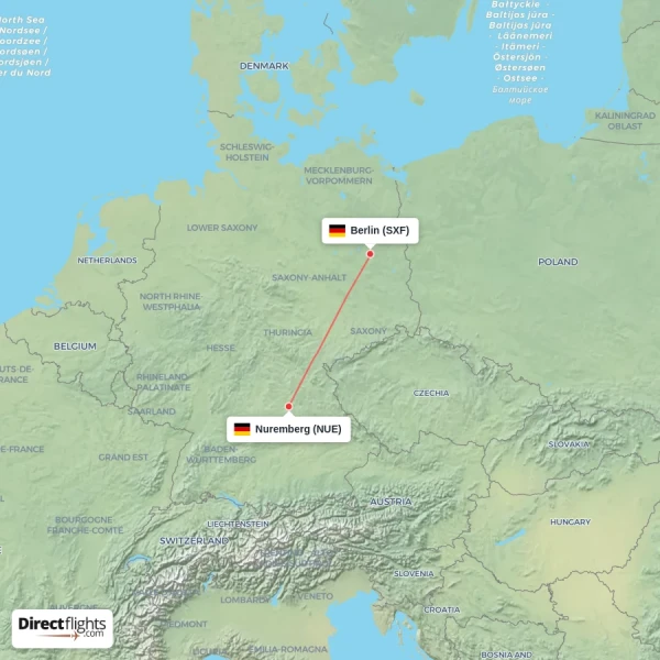 Nuremberg - Berlin direct flight map