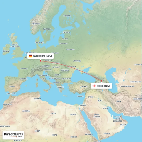 Nuremberg - Tbilisi direct flight map