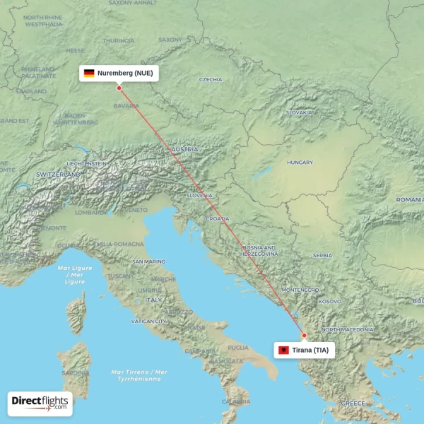 Nuremberg - Tirana direct flight map