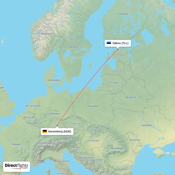 Nuremberg - Tallinn direct flight map