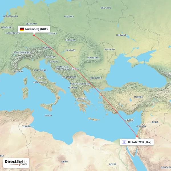Nuremberg - Tel Aviv-Yafo direct flight map