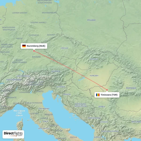 Nuremberg - Timisoara direct flight map
