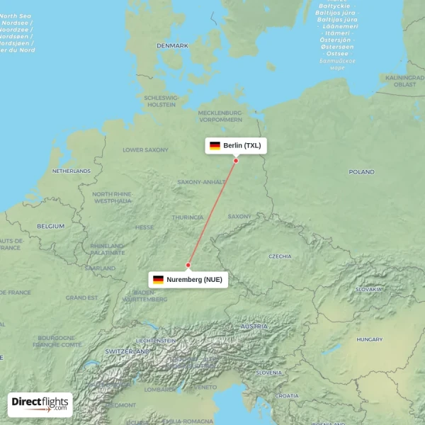 Nuremberg - Berlin direct flight map