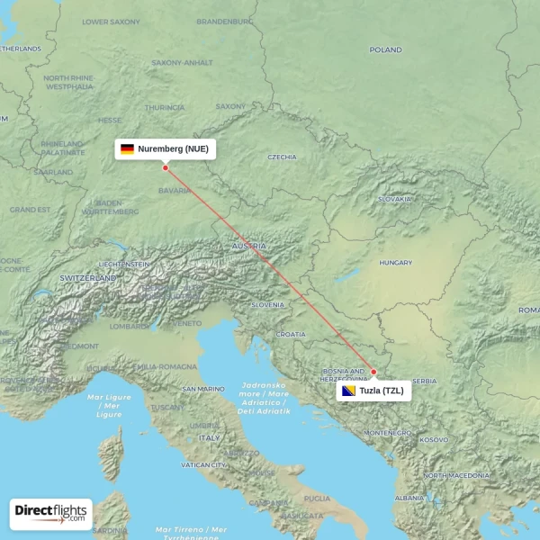 Nuremberg - Tuzla direct flight map