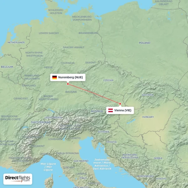Nuremberg - Vienna direct flight map