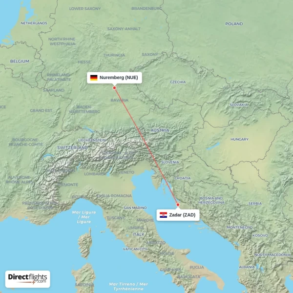 Nuremberg - Zadar direct flight map
