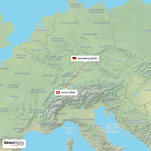 Nuremberg - Zurich direct flight map