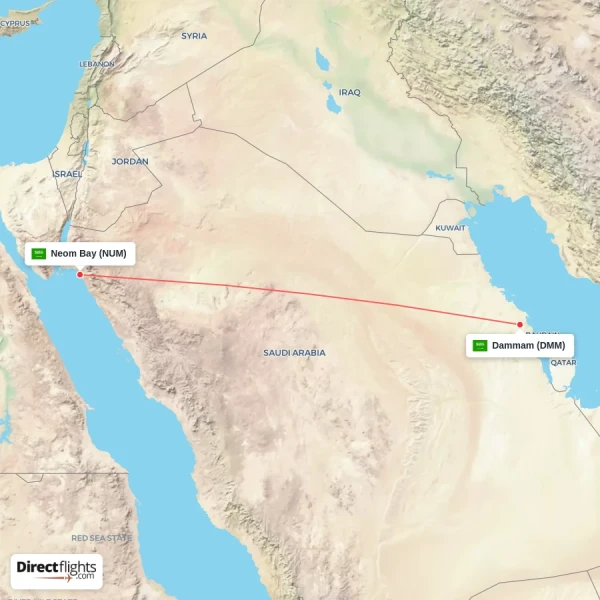 Neom Bay - Dammam direct flight map