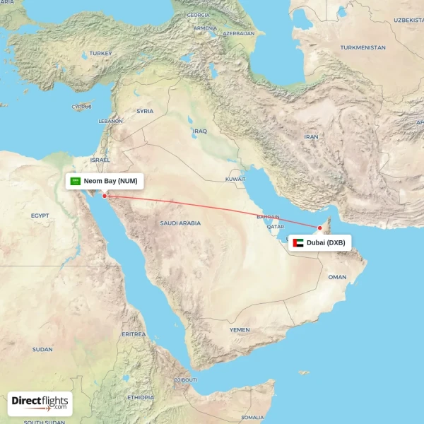 Neom Bay - Dubai direct flight map
