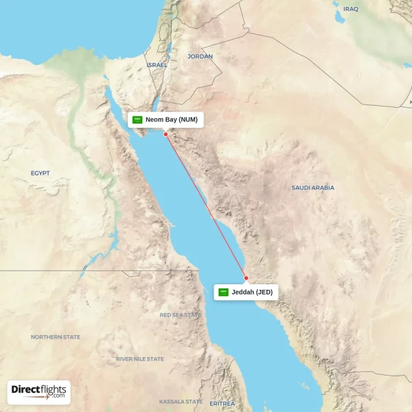 Neom Bay - Jeddah direct flight map