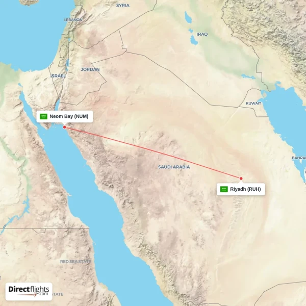 Neom Bay - Riyadh direct flight map