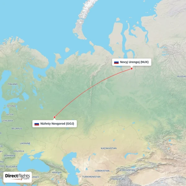Novyj Urengoj - Nizhniy Novgorod direct flight map