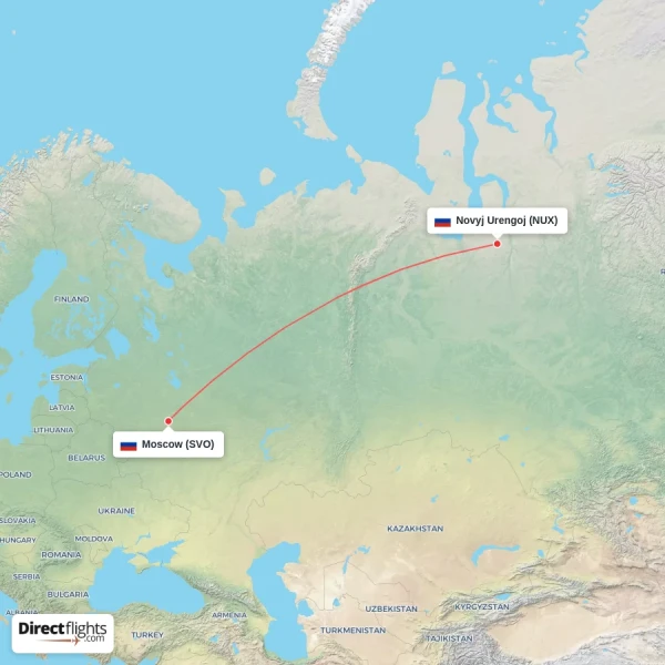 Novyj Urengoj - Moscow direct flight map