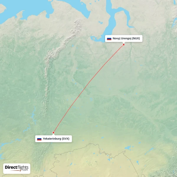 Novyj Urengoj - Yekaterinburg direct flight map