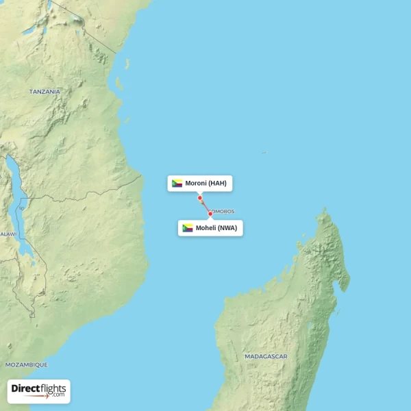 Moheli - Moroni direct flight map