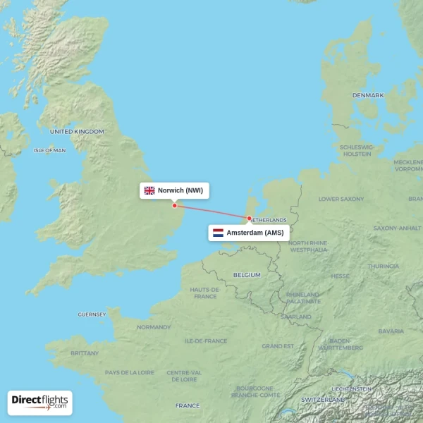 Norwich - Amsterdam direct flight map