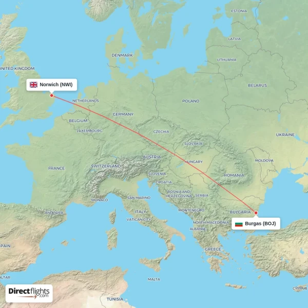 Norwich - Burgas direct flight map