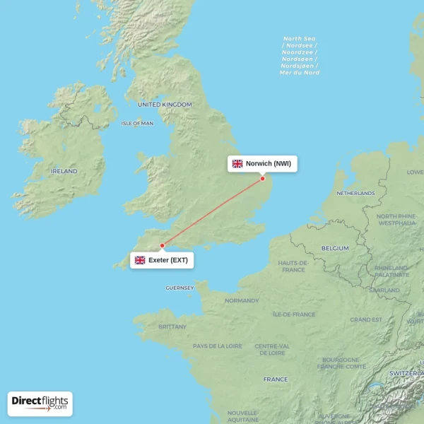 Norwich - Exeter direct flight map