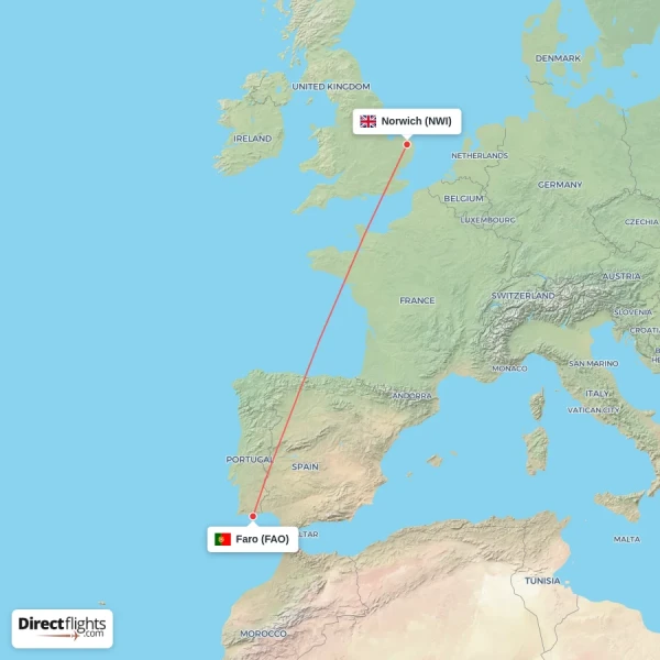 Norwich - Faro direct flight map
