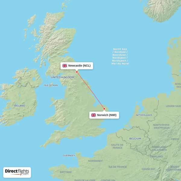 Norwich - Newcastle direct flight map