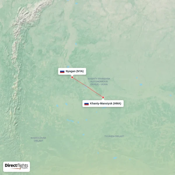 Nyagan - Khanty-Mansiysk direct flight map