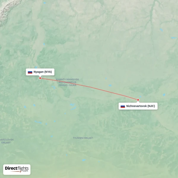 Nyagan - Nizhnevartovsk direct flight map