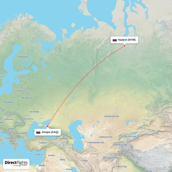 Nadym - Anapa direct flight map