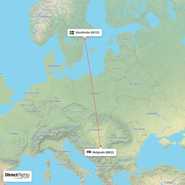 Stockholm - Belgrade direct flight map