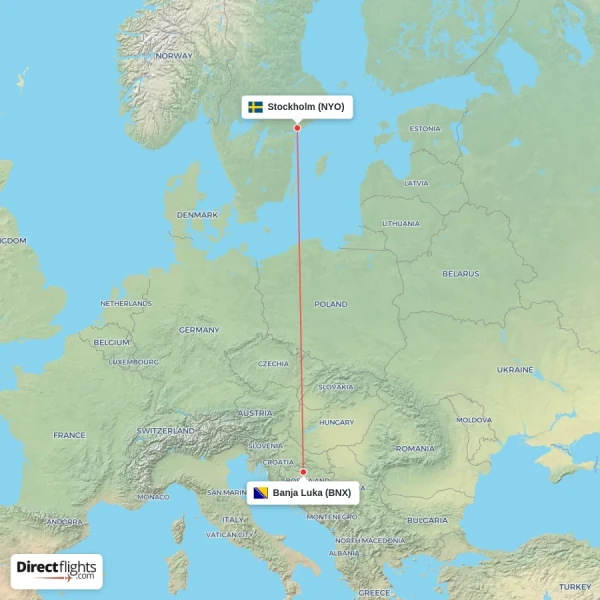 Stockholm - Banja Luka direct flight map