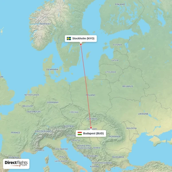 Stockholm - Budapest direct flight map