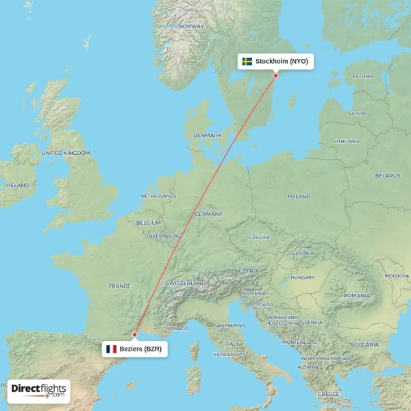 Stockholm - Beziers direct flight map