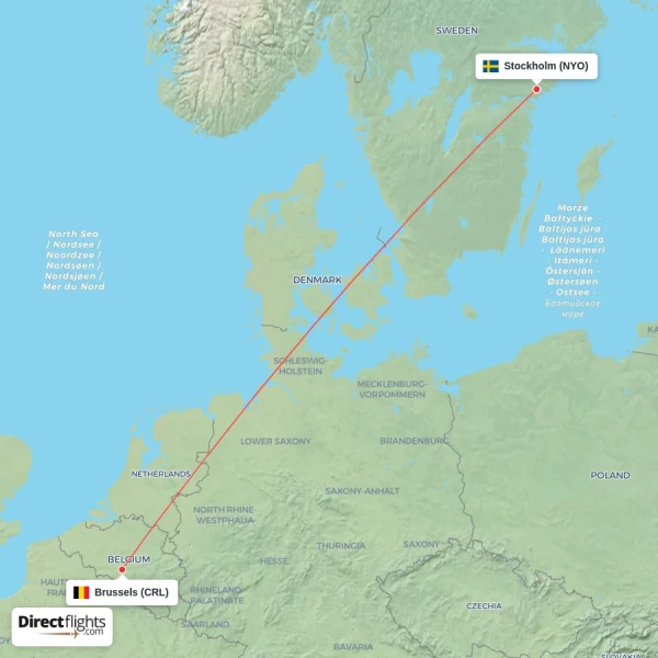 Stockholm - Brussels direct flight map