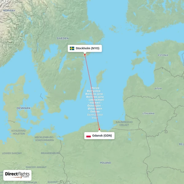 Stockholm - Gdansk direct flight map