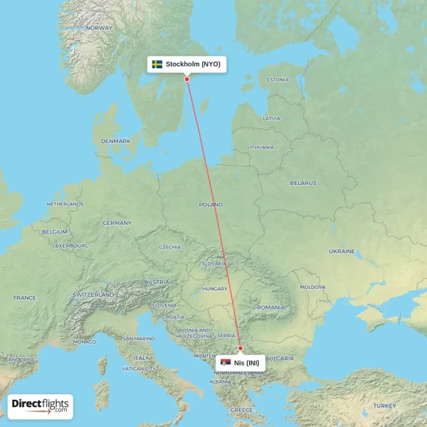 Stockholm - Nis direct flight map