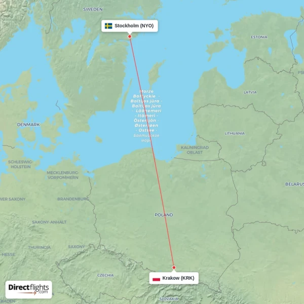 Stockholm - Krakow direct flight map