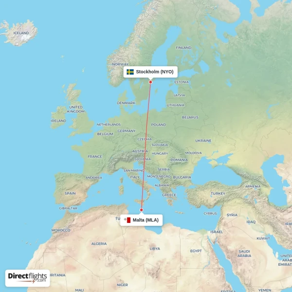 Stockholm - Malta direct flight map