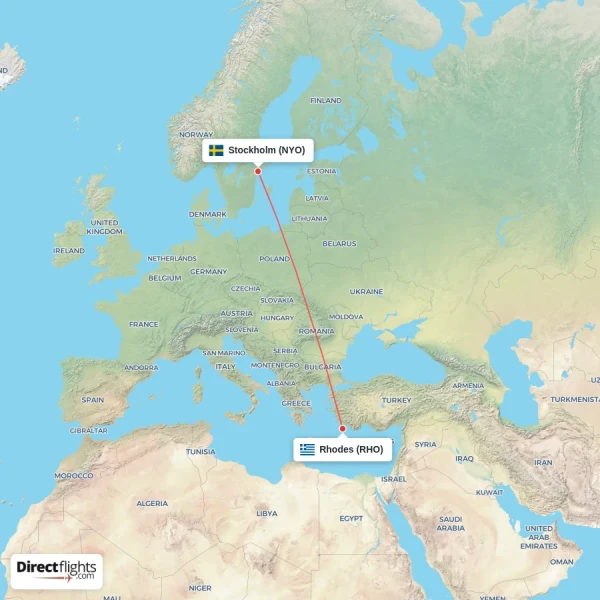 Stockholm - Rhodes direct flight map
