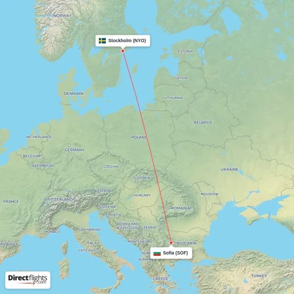 Stockholm - Sofia direct flight map