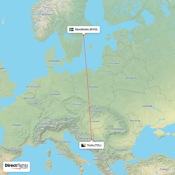 Stockholm - Tuzla direct flight map