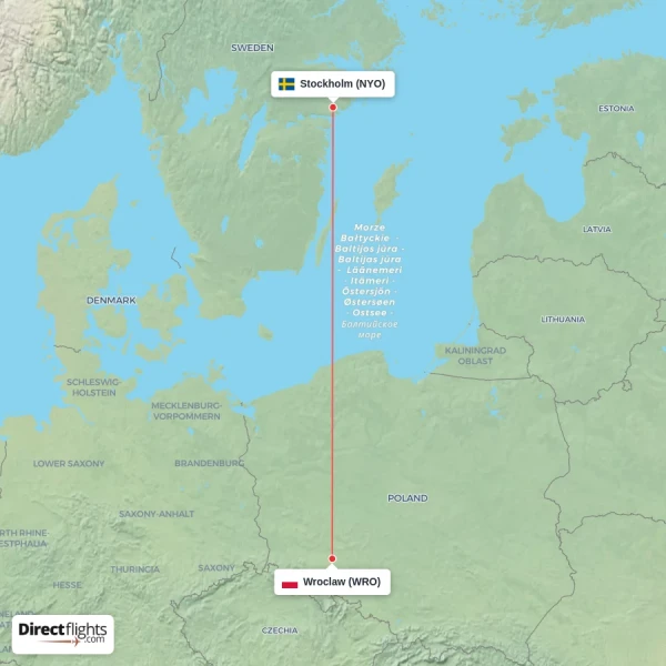 Stockholm - Wroclaw direct flight map